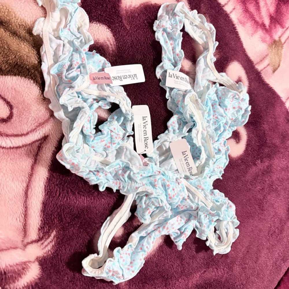 La Vie En Rose Light Blue Floral Ruffle Panty Thong- Set of 3